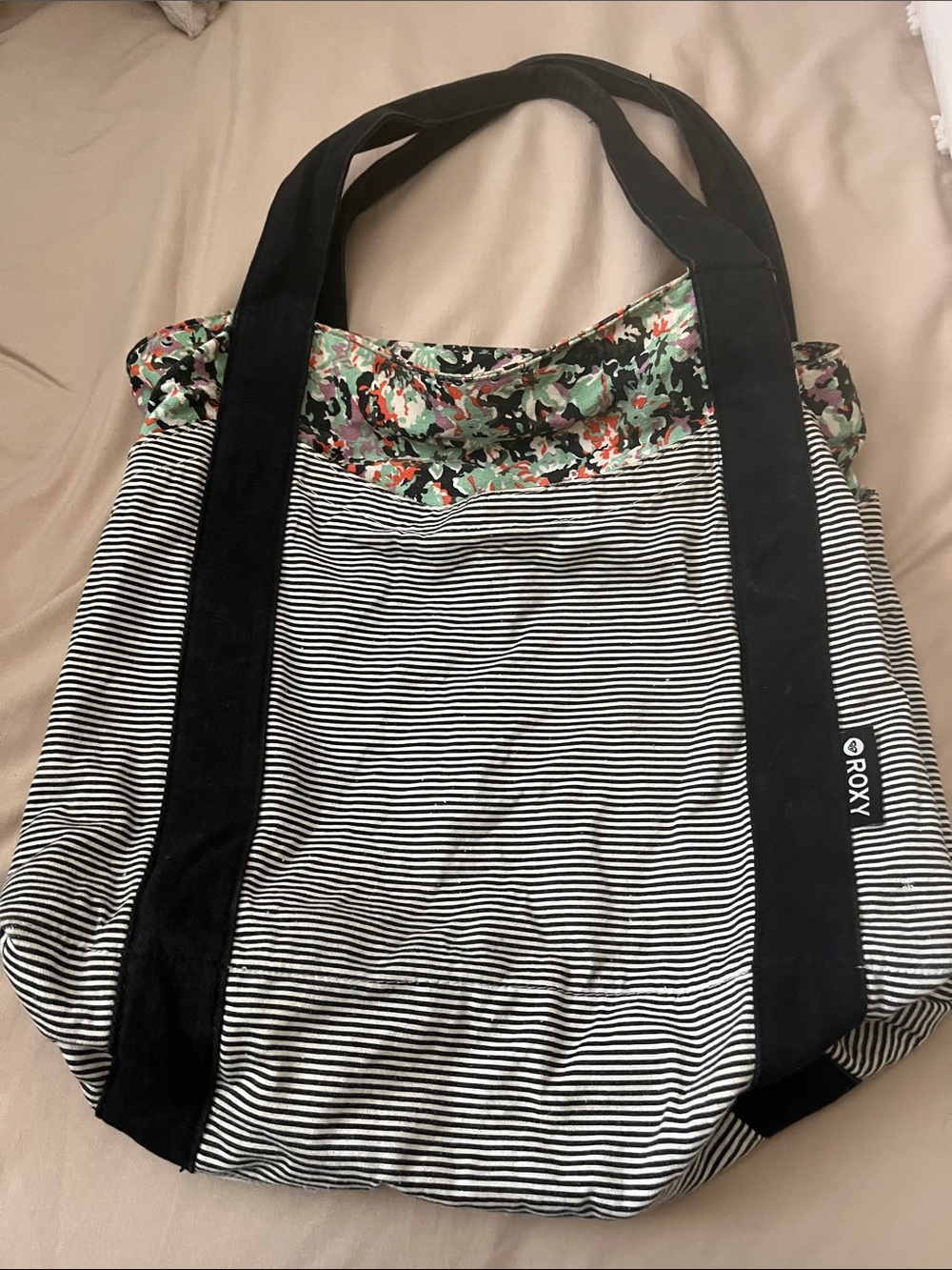 Roxy Black & White Striped Tote with Floral Accent